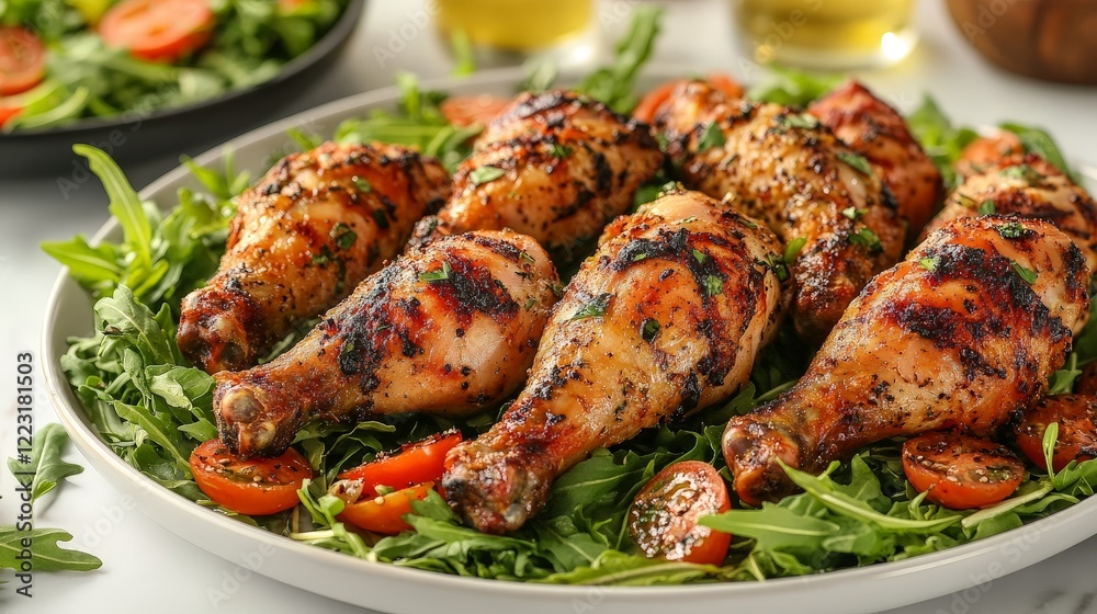 Grilled chicken drumsticks served on a bed of greens with cherry tomatoes. Grilled chicken drumsticks served on a bed of greens with cherry tomatoes.