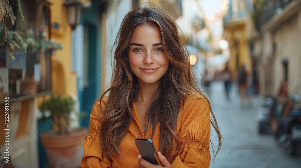 Fototapeta premium Young woman smiling while holding a smartphone in a vibrant street with cafes and people in the background