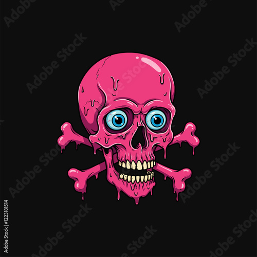 A playful pink skull, dripping with a glossy sheen, grins mischievously amidst crossed bones.  Its big, wide eyes add a touch of cartoonish charm to this darkly whimsical piece.