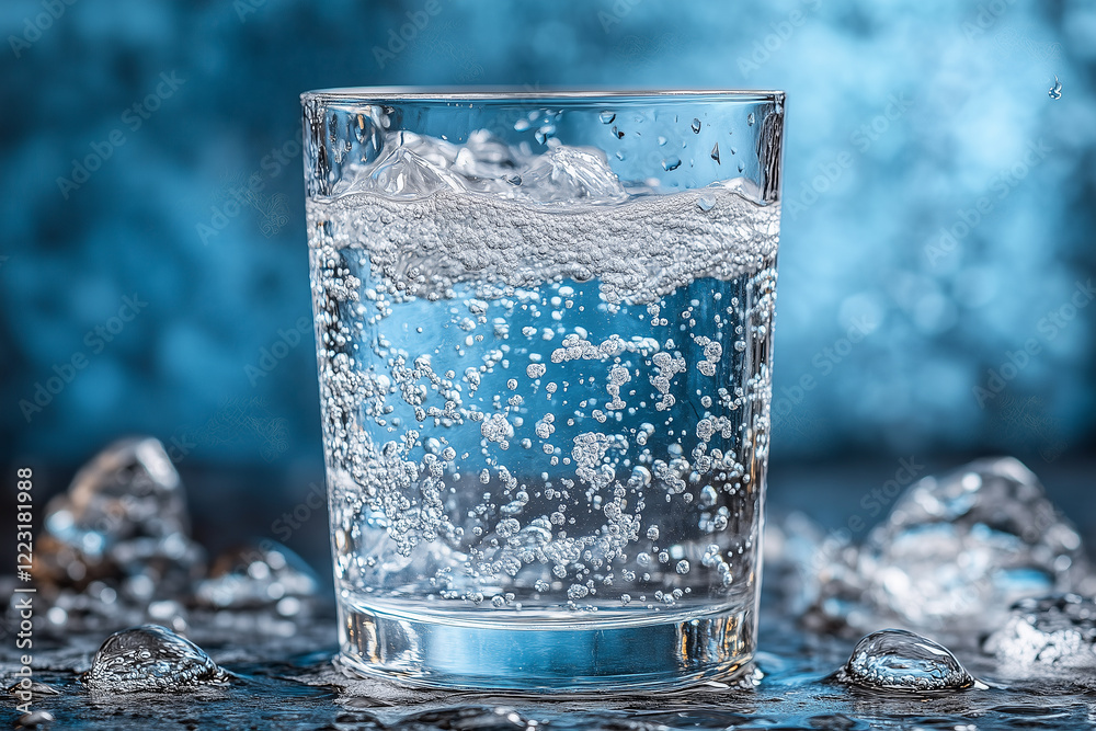 Sparkling water glass, ice cubes floating, refreshing blue backdrop highlighting global hydration and environmental awareness Sparkling water glass, ice cubes floating, refreshing blue backdrop highlighting global hydration and environmental awareness