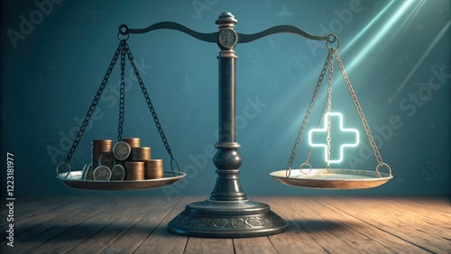 Copayment benefits. A balance scale comparing coins and a glowing health symbol.