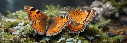 Brown butterfly with orange and blue markings resting on lichen, abernethy forest, forest floor photo