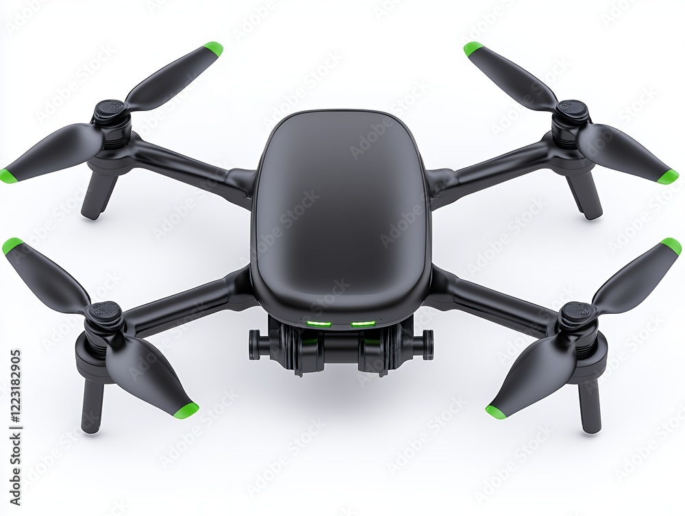 Sleek black drone with green accents showcasing advanced design and four propellers in contemporary technology Sleek black drone with green accents showcasing advanced design and four propellers in contemporary technology