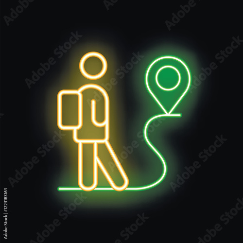 Neon sign of a tourist with a backpack walking along a path leading to a geolocation point