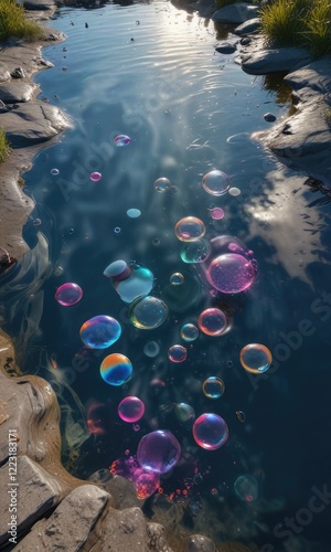 Bubbles floating to the surface of a stagnant pool, sediment, movement, stagnation