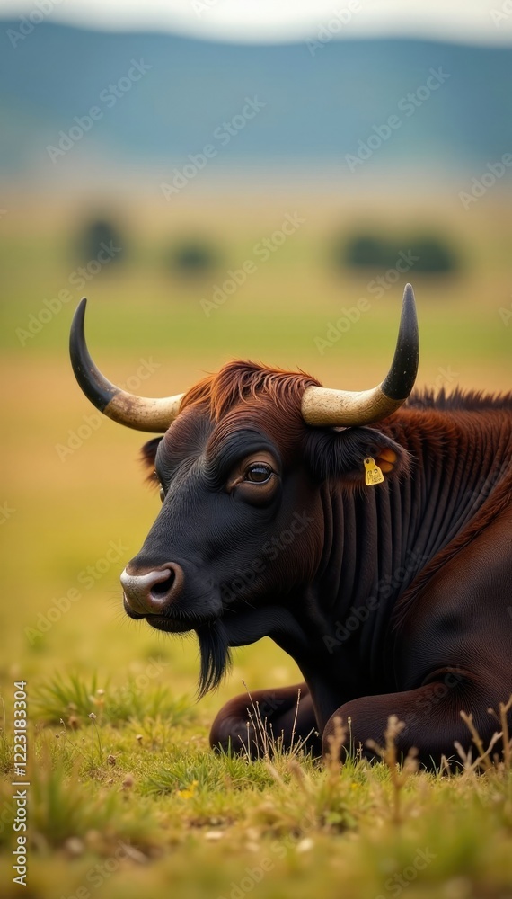 Bull resting on prairie ground with horns visible, grasslands, landscape Bull resting on prairie ground with horns visible, grasslands, landscape