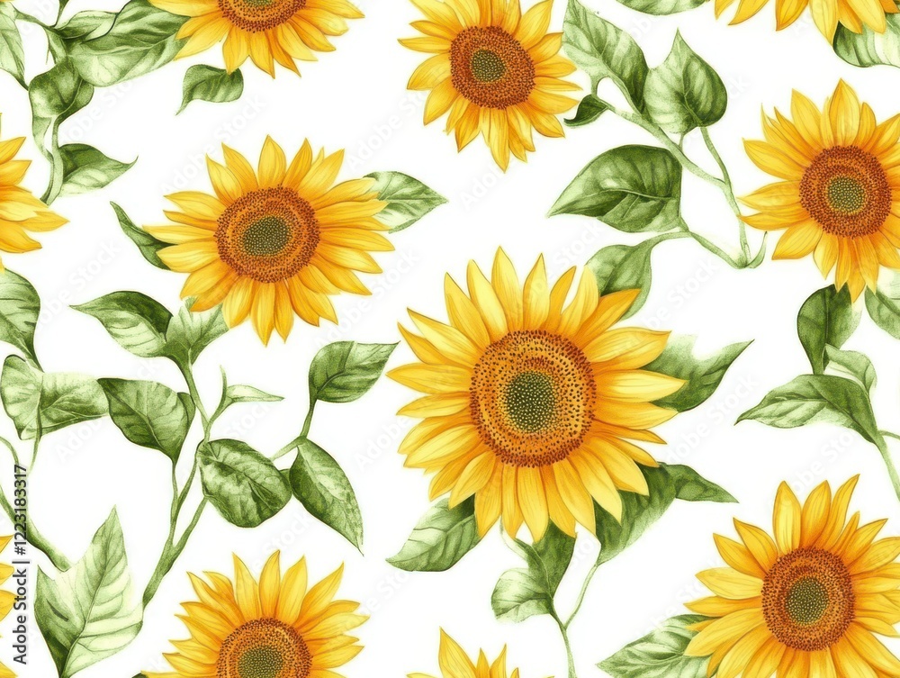 Obraz premium Scattered Yellow Sunflowers with Brown Centers and Green Leaves on a Clean White Background 