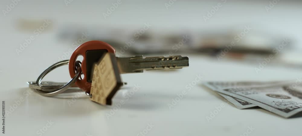 Slow-motion shot of two house keys with a house shaped keychain falling on the table. Some hundred dollar notes are on the table