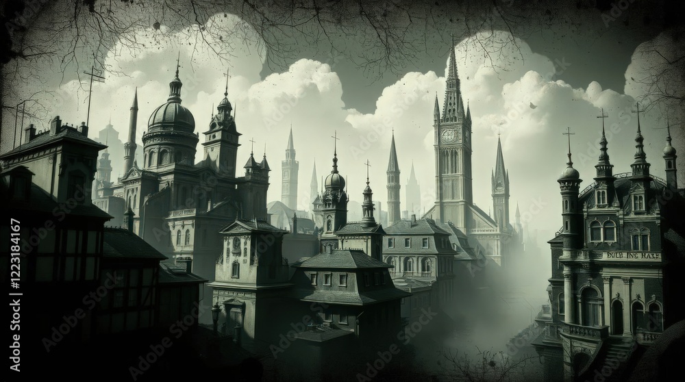 Naklejka premium Mystical Gothic Cityscape with Dramatic Architecture and Shadows