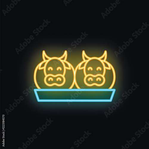 Glowing neon sign depicting two cow heads in a tray, symbolizing dairy products photo