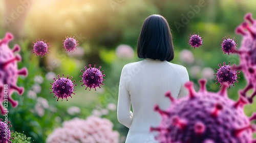 A woman in a white sweater stands in a garden, surrounded by floating virus-like spheres, symbolizing health and the environment.