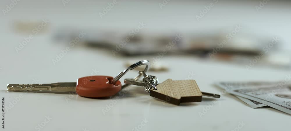 Slow-motion shot of two house keys with a house shaped keychain falling on the table. Some hundred dollar notes are on the table