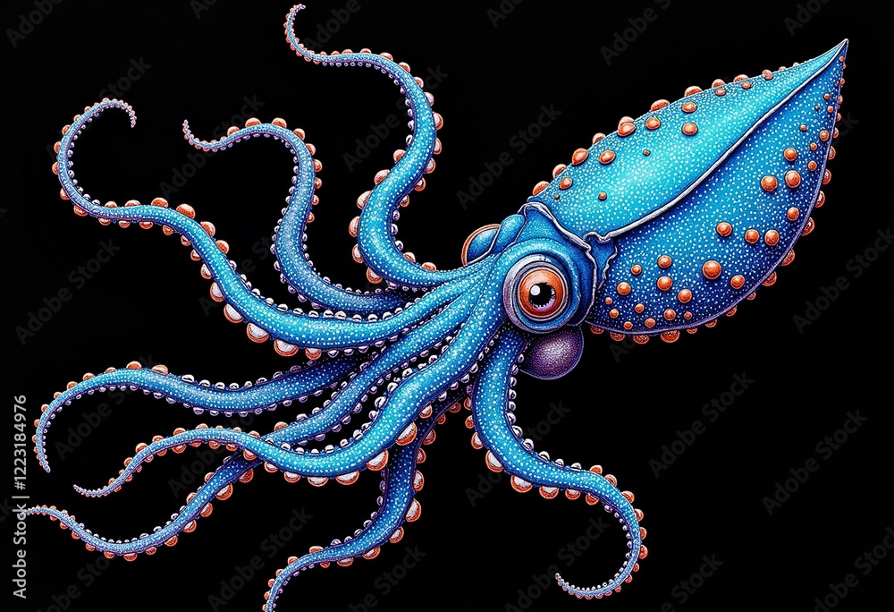 Obraz premium 生物発光するイカ、黒インク描画、詳細な線と点、宝石のような色調、水彩、複雑なアート、黒い背景、8K、海洋生物、海洋。 