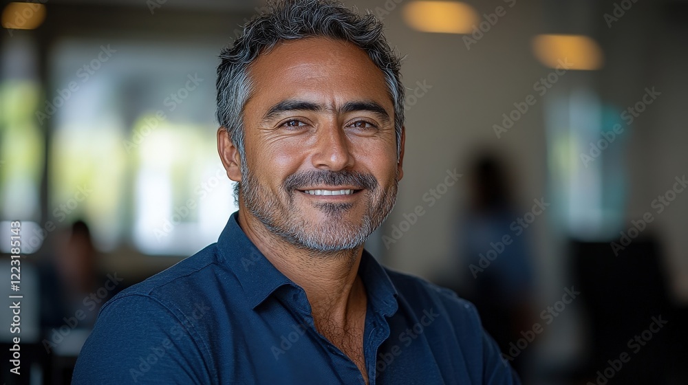 Confident man smiling in a modern office setting with colleagues in the background