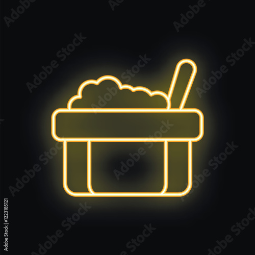 Yellow neon sign of a bowl full of food with a spoon sticking out on a black background