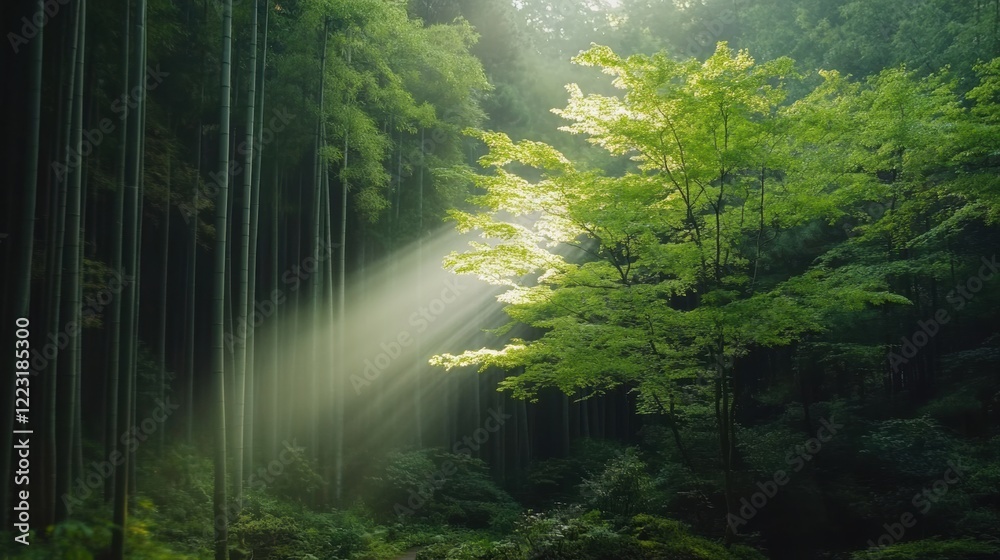 Obraz premium Enchanting bamboo forest scene with sunbeams illuminating vibrant foliage, perfect for nature lovers seeking tranquility and peaceful retreats.