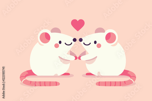 Adorable pair of white mice holding hands with a heart above them, symbolizing love and romance on a pastel pink background.  
