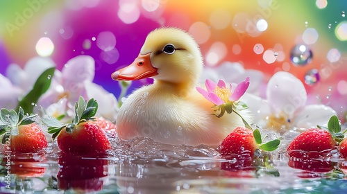 A ducks waddling with blooming strawberries isolated on a colorful background photo