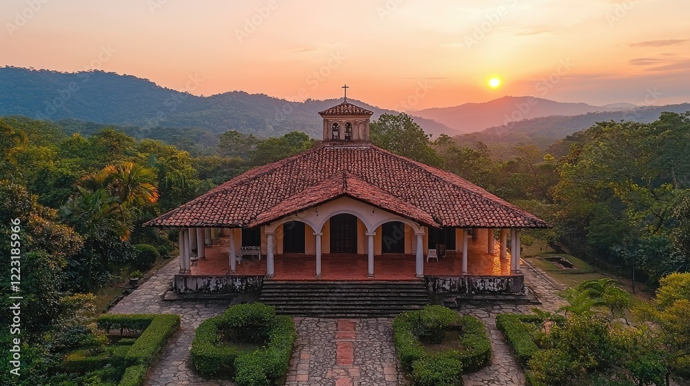 Obraz premium Sunset View of Hilltop Chapel in Lush Green Mountains