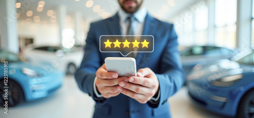 A businessman sends a five-star review on the phone against the background of cars , a concept car dealership buy rent a car