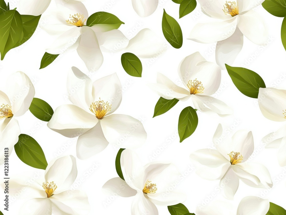 Obraz premium Seamless mini white magnolias, Pattern on Green Background