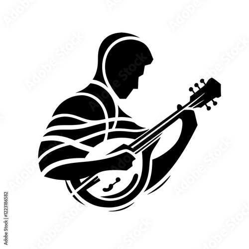 Male musician playing mandolin in silhouette, black and white, transparent background