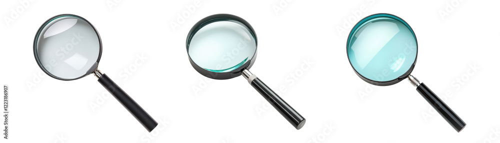 Three magnifying glasses with black handles and clear lenses, isolated on transparency background