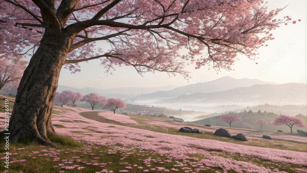 Cherry blossom dust covering the landscape, nature, leaf litter, forest floor Cherry blossom dust covering the landscape, nature, leaf litter, forest floor