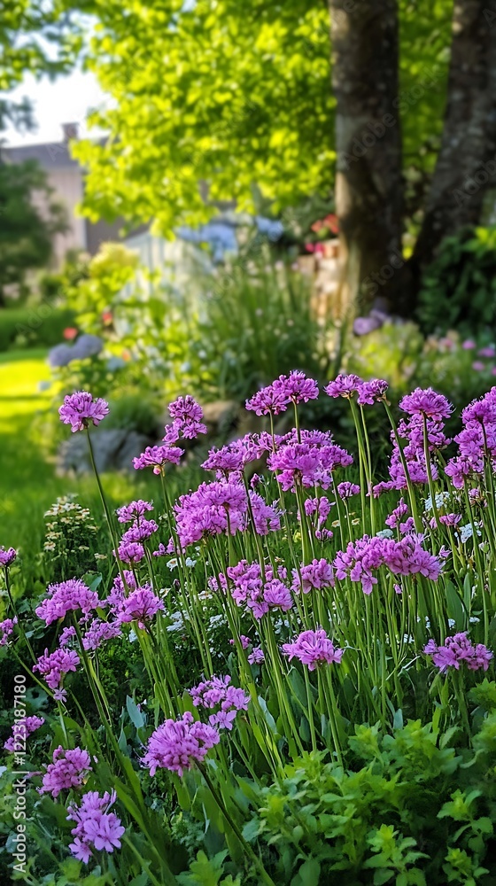 Naklejka premium Purple violet flowers spring garden lush greenery in natural setting
