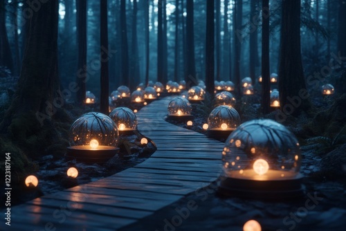 A fantastical depiction of magical orbs floating in consecutive order along a glowing path, each orb pulsing with a unique color and mysterious energy