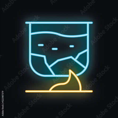 Blue and yellow neon icon of a beaker being heated by a bunsen burner flame on a black background