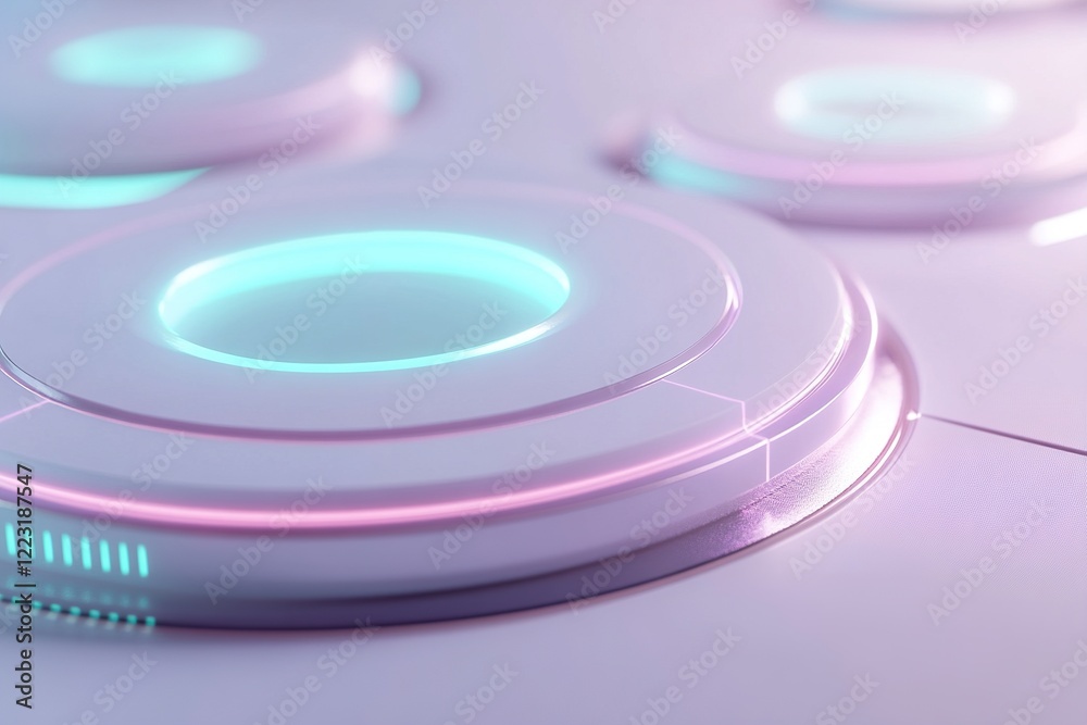 Showcasing a futuristic glowing circular interface in vibrant neon colors like green, purple, and blue, surrounded by metallic textures. The matte white background allows ample space for branding Showcasing a futuristic glowing circular interface in vibrant neon colors like green, purple, and blue, surrounded by metallic textures. The matte white background allows ample space for branding