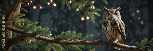 Christmas tree branch with an owl perched on it, christmas tree branch, evergreen tree, twiggy branches photo