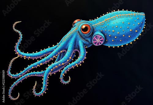 Bioluminescent Squid, Black Ink Drawing, Detailed Lines & Dots, Jewel Tones, Watercolor, Intricate Art, Black Background, 8K, Marine Creature, Ocean.
 photo