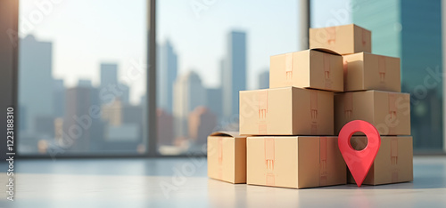 stacks of cardboard boxes with a red location pin on the background of a megacity