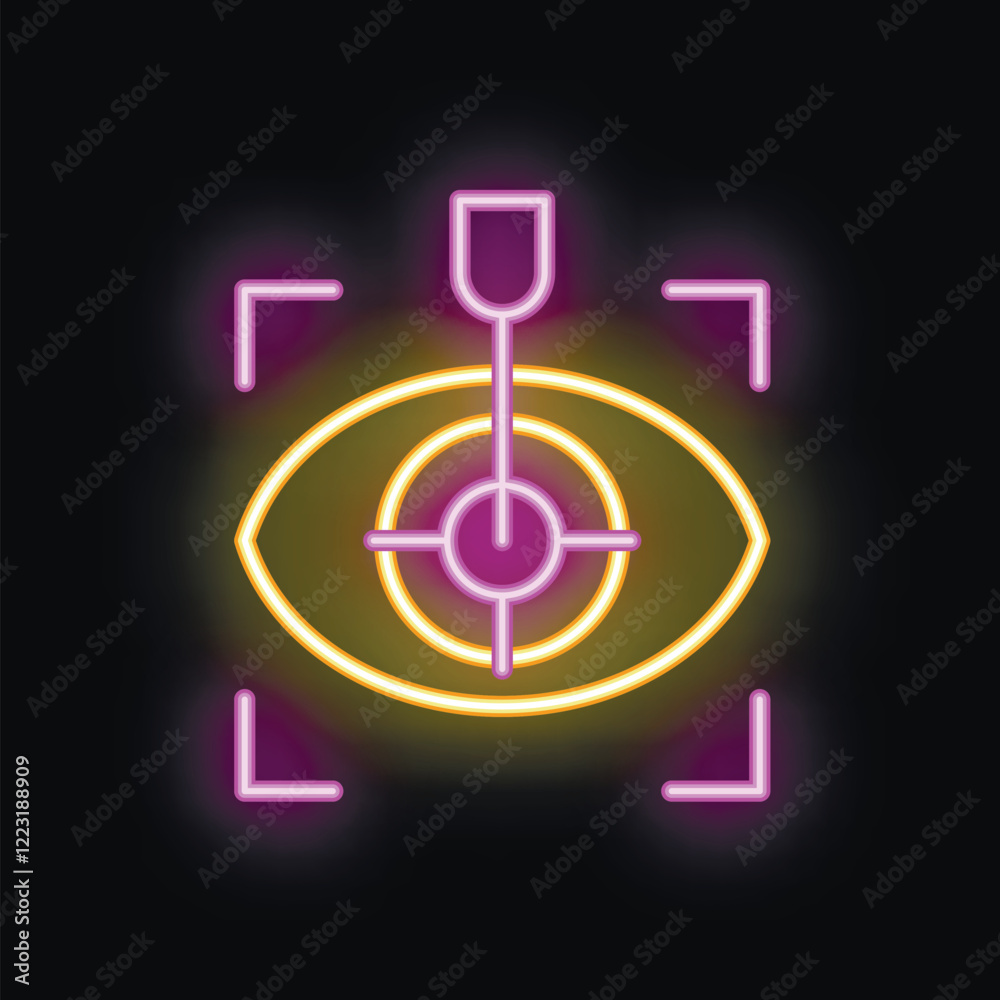 Neon icon of a laser pointer aiming at a human eye with glowing iris, representing eye tracking technology Neon icon of a laser pointer aiming at a human eye with glowing iris, representing eye tracking technology