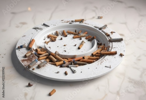 Cigarrettes scattered all over a white surface around an empty ashtray in a luxurious room, spill, debris photo