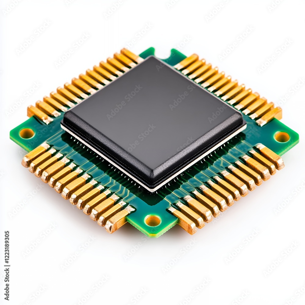 Detailed close-up of a microprocessor featuring gold-plated pins on a green circuit board showcasing modern technology Detailed close-up of a microprocessor featuring gold-plated pins on a green circuit board showcasing modern technology