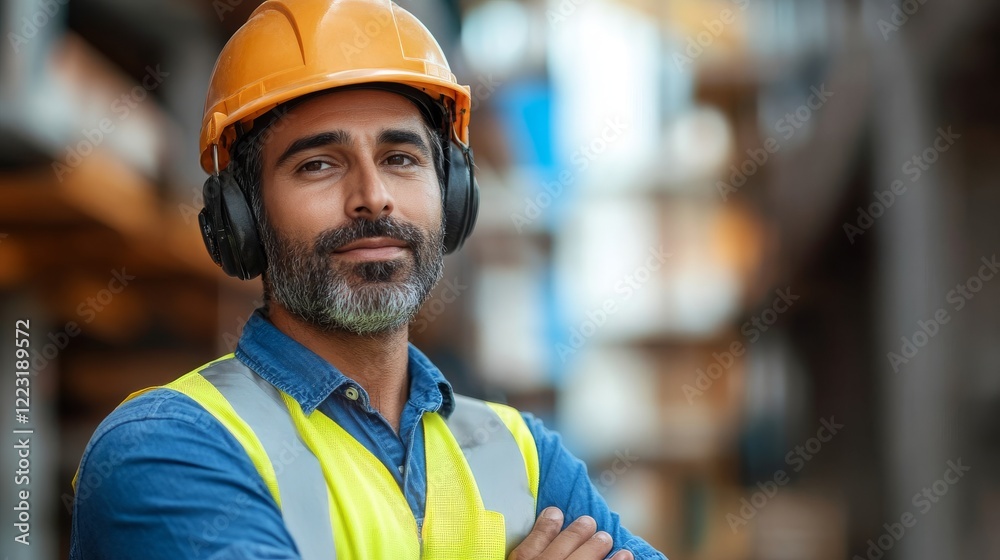 Portrait of handsome indian worker in hardhat looking at camera Portrait of handsome indian worker in hardhat looking at camera