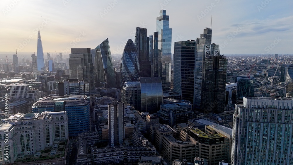 Fototapeta premium Skyscrapers London financial district skyline drone,aerial