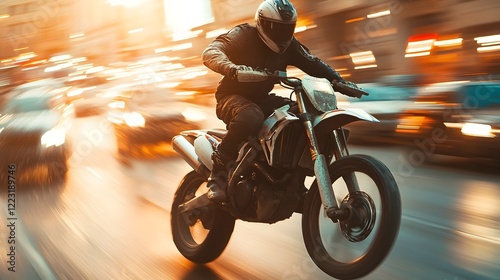 A skilled motorcycle stunt performer navigates through the bustling city streets at night
