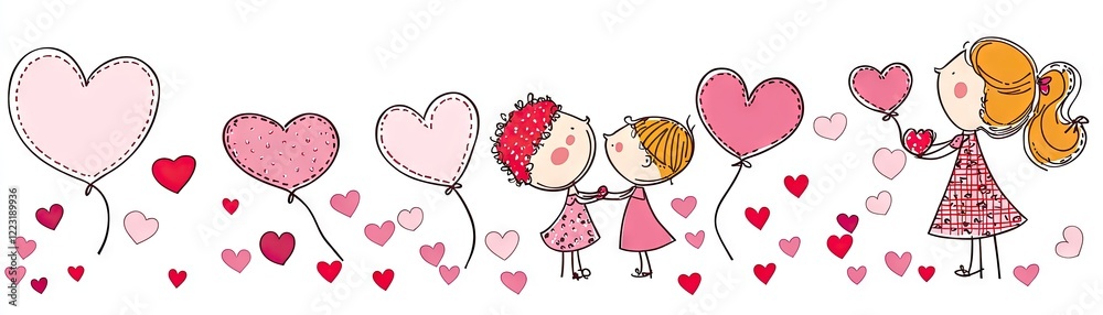 Girls with heart balloons, Valentine's Day, love, friendship, greeting card Girls with heart balloons, Valentine's Day, love, friendship, greeting card