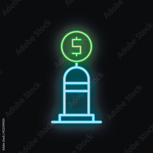 Neon sign depicting a parking meter with a dollar sign on top, evoking the concept of paid parking