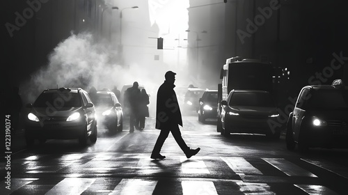 A lone pedestrian cautiously jaywalking across a misty dimly lit city street at night surrounded by the silhouettes of passing cars and the atmospheric glow of streetlights photo