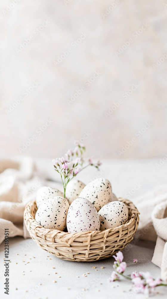 Happy Easter concept with basket of eggs and a spring flowers