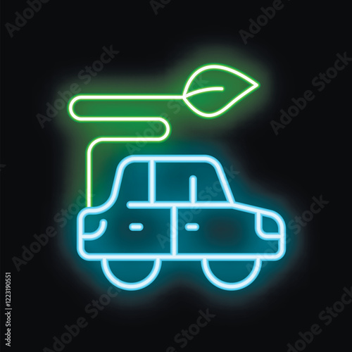 Neon icon of an eco friendly car leaving a green leaf trail symbolizing electric vehicles and sustainability