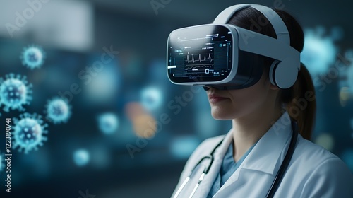 A healthcare professional uses virtual reality to explore medical data, with digital virus images in the background, showcasing technology's role in medicine.