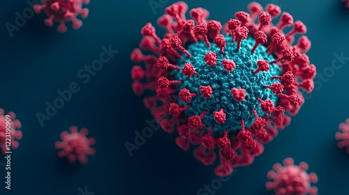 A colorful, close-up depiction of a virus particle, showcasing its unique structure with spikes, set against a dark background.