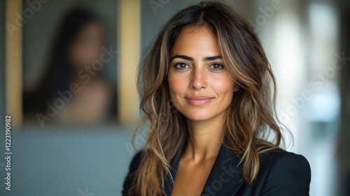 Portrait of a confident woman in a stylish outfit with a blurred background showcasing elegance