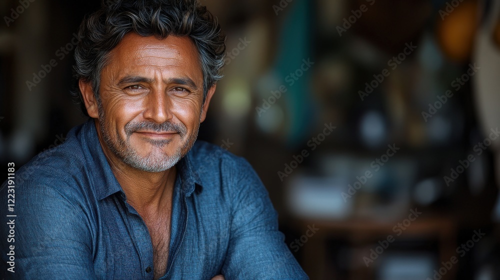 Middle-aged man smiling warmly in a cozy indoor setting filled with artistic decor Middle-aged man smiling warmly in a cozy indoor setting filled with artistic decor
